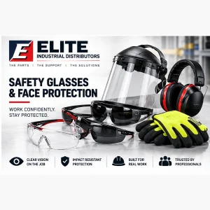 Safety glasses and face shield with supporting industrial protective equipment